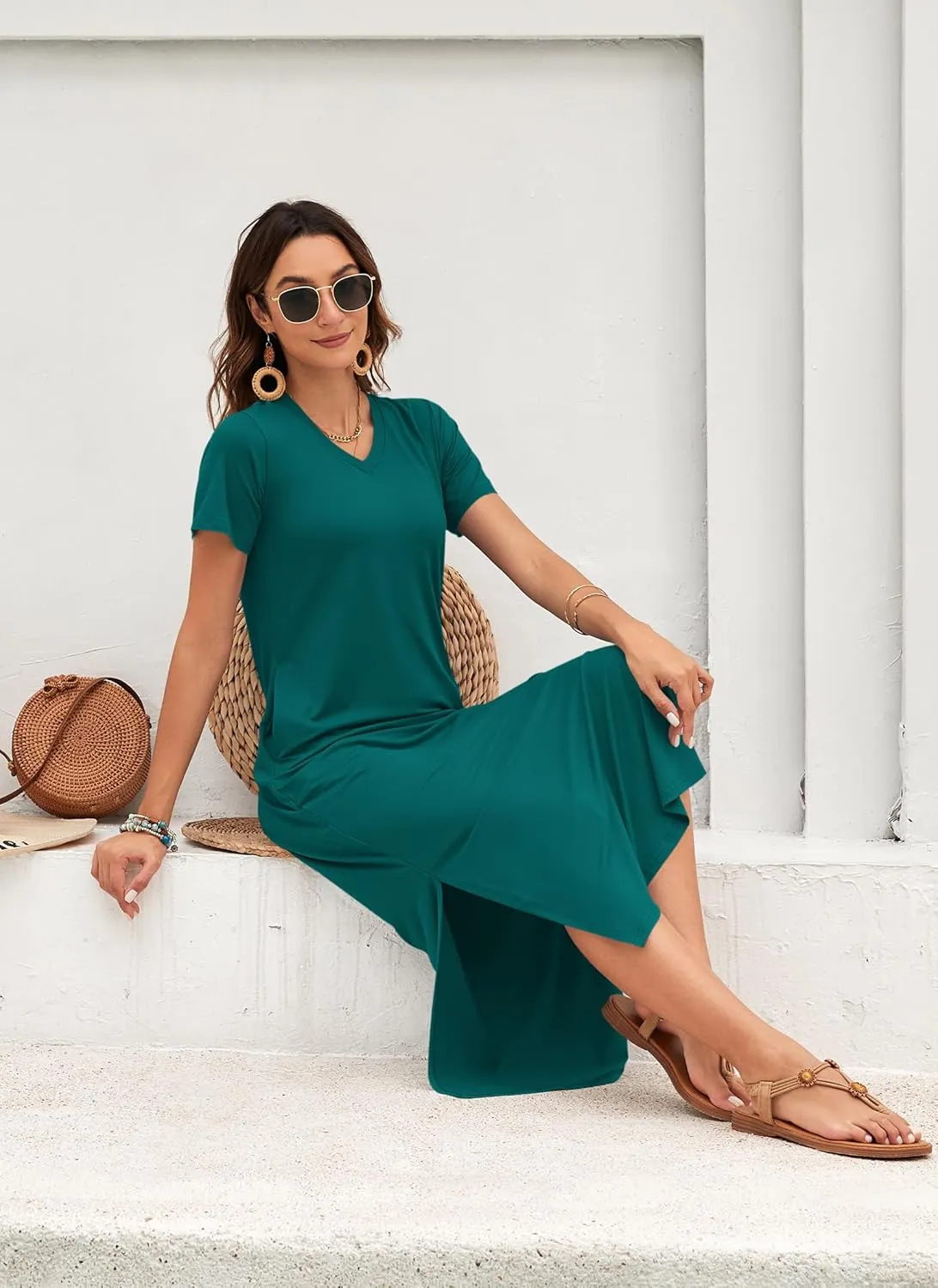 MISFAY Women Summer Midi Dresses Casual Loose Short Sleeve Dress Split Maxi Beach Sundress Travel Vacation Dress with Pockets