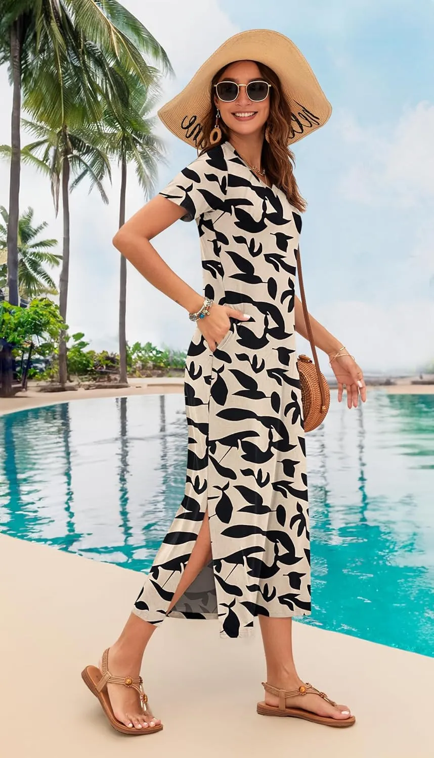 MISFAY Women Summer Midi Dresses Casual Loose Short Sleeve Dress Split Maxi Beach Sundress Travel Vacation Dress with Pockets