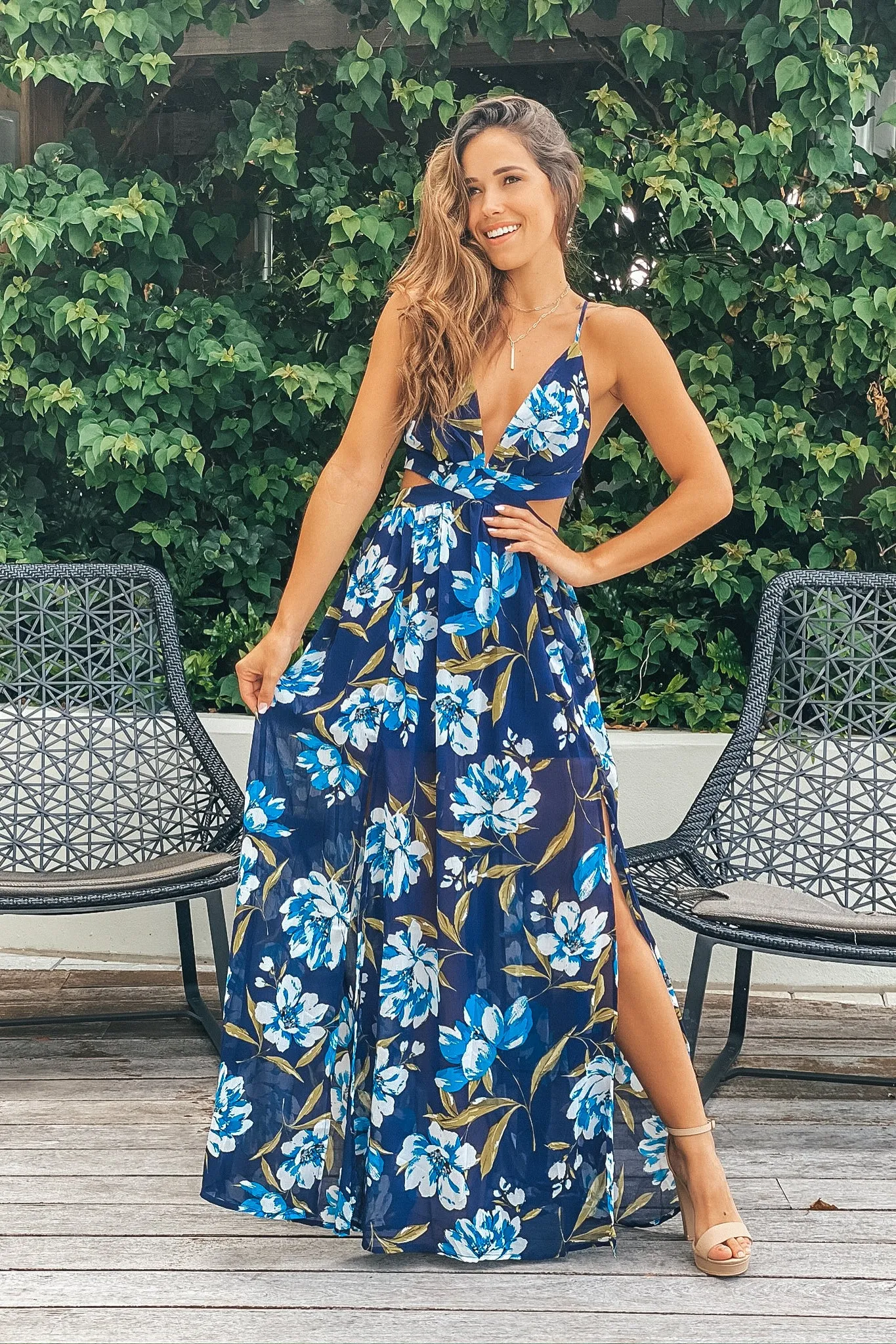 Navy And Ivory Floral Maxi Dress with Slits