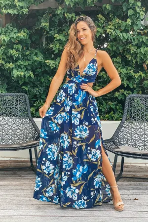 Navy And Ivory Floral Maxi Dress with Slits