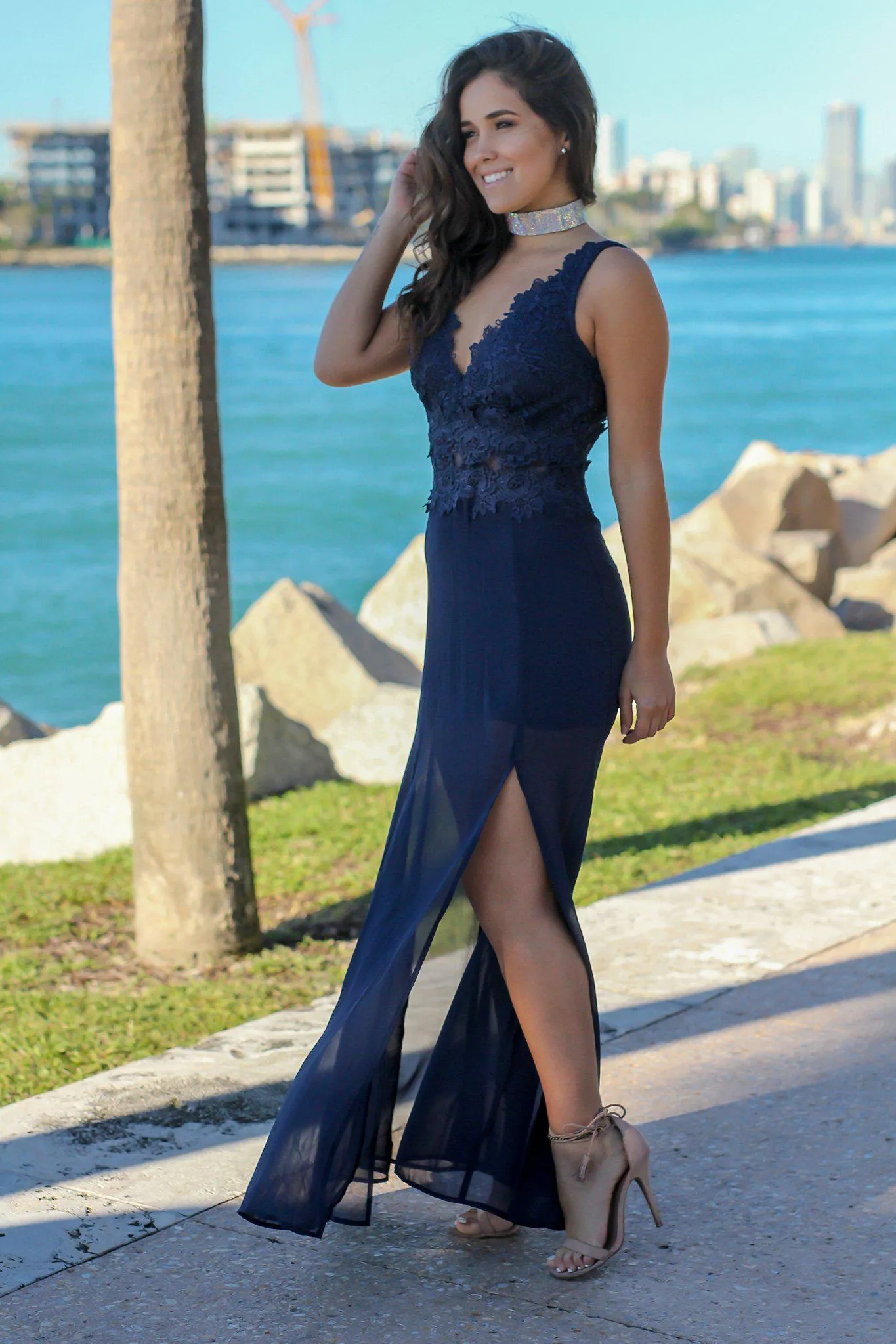Navy V-Neck Maxi Dress with Crochet Top