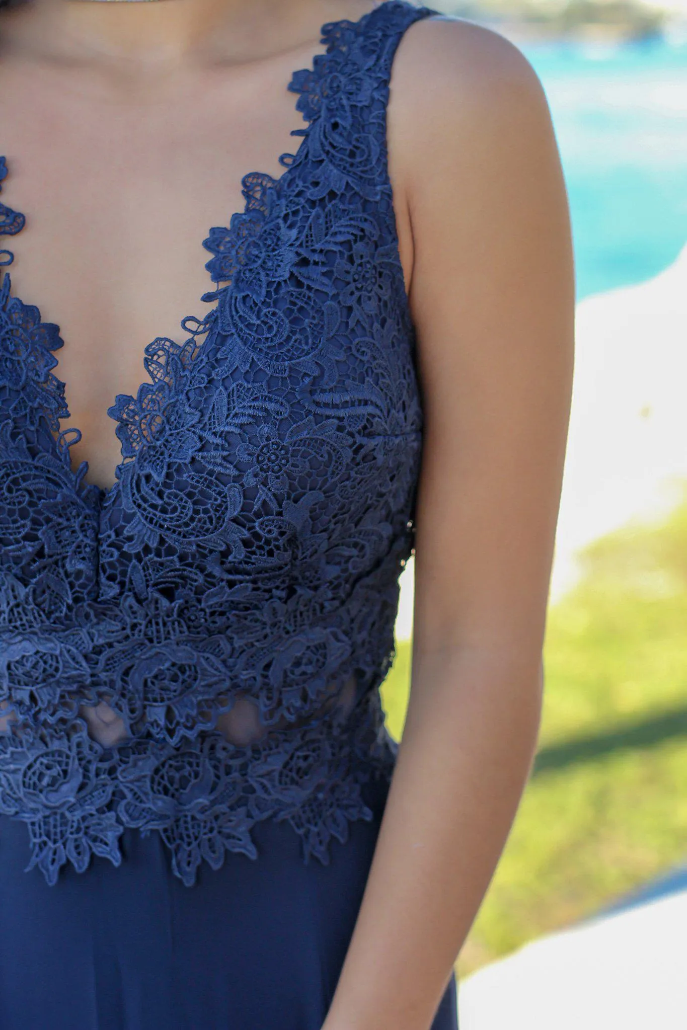 Navy V-Neck Maxi Dress with Crochet Top