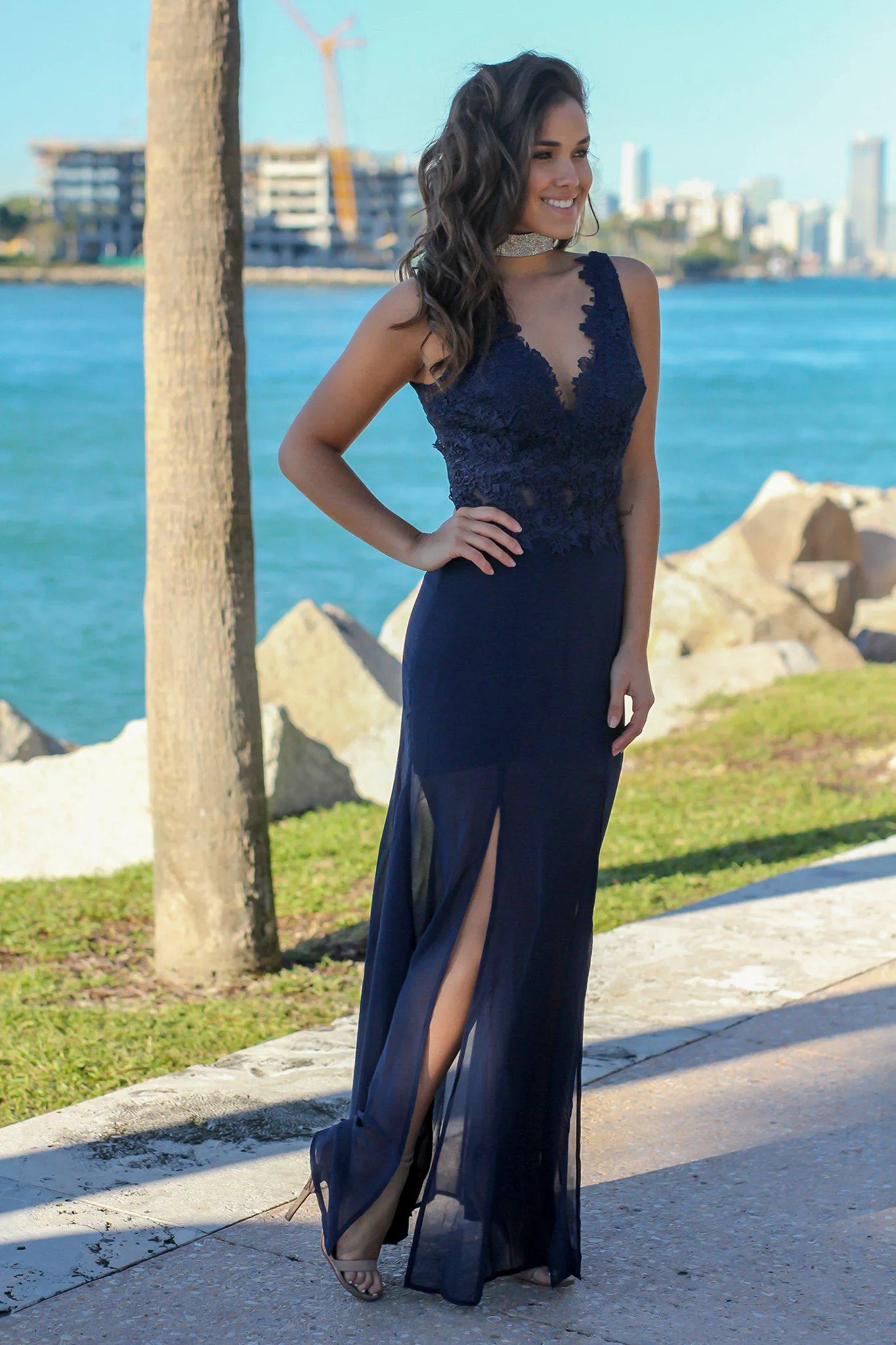 Navy V-Neck Maxi Dress with Crochet Top