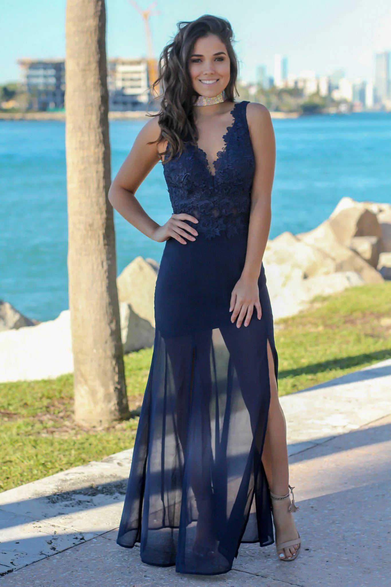 Navy V-Neck Maxi Dress with Crochet Top