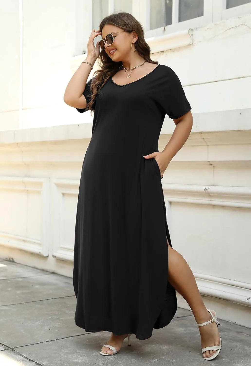 Nemidor Plus Size Maxi Dresses for Curvy Women Casual Summer Slit Loose Short Sleeve Long Dress with Pocket 14-26
