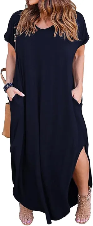 Nemidor Plus Size Maxi Dresses for Curvy Women Casual Summer Slit Loose Short Sleeve Long Dress with Pocket 14-26