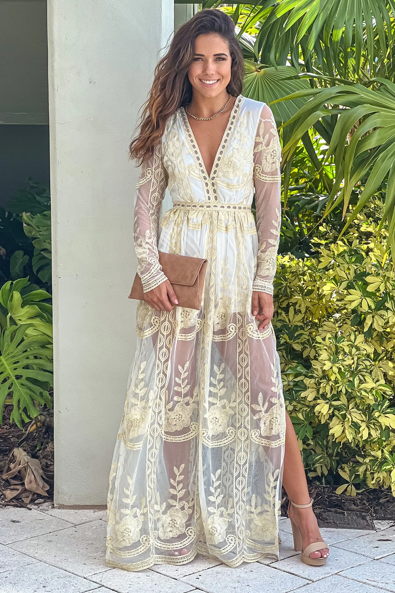 Off White Long Sleeve Maxi Romper With Embroidery