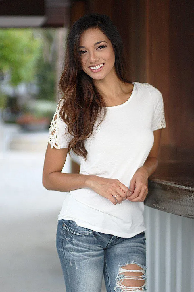 Off White Top With Short Crochet Sleeves