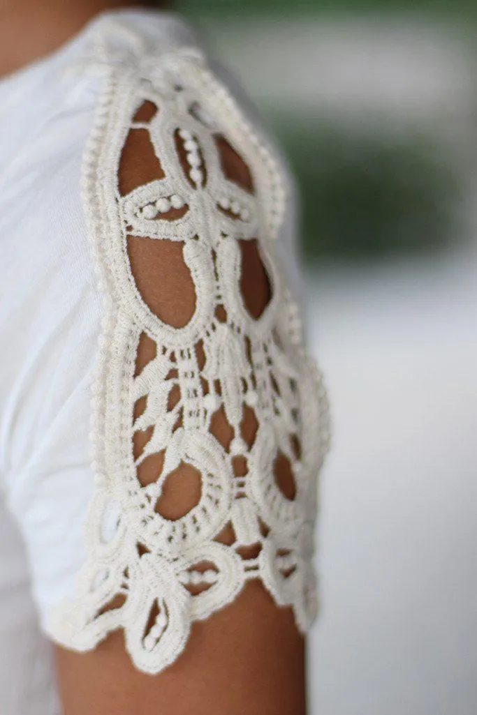 Off White Top With Short Crochet Sleeves