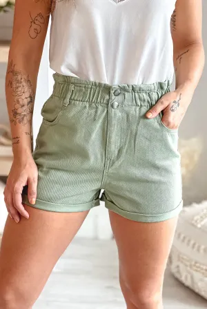 Olive Denim Paperbag Shorts