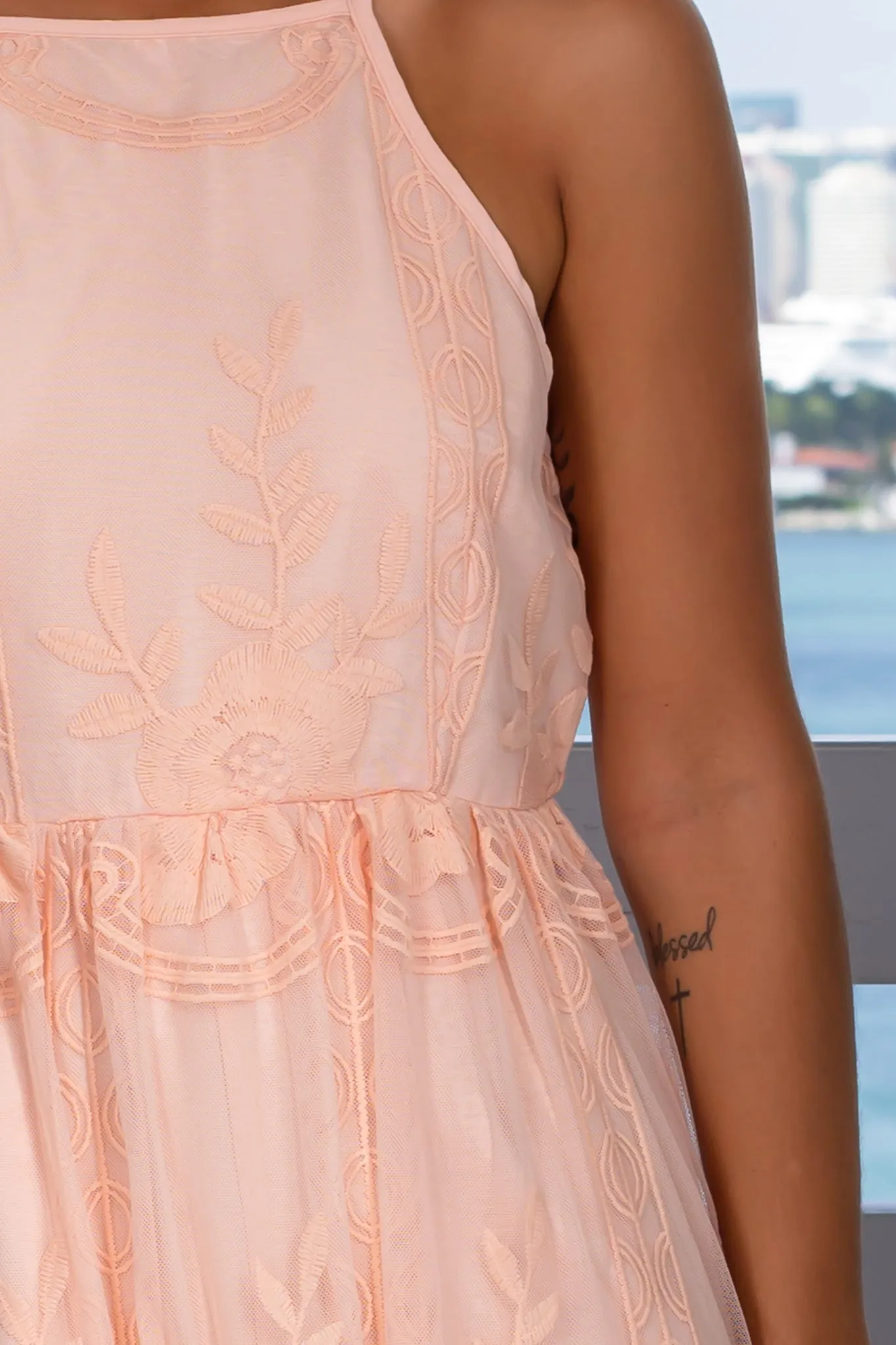 Peach Lace Maxi Romper with Slits
