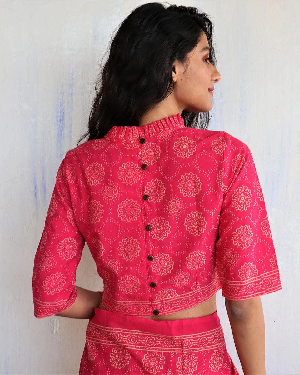 Pink Blockprinted Crop Top Cotton Blouse-Butterflygirls
