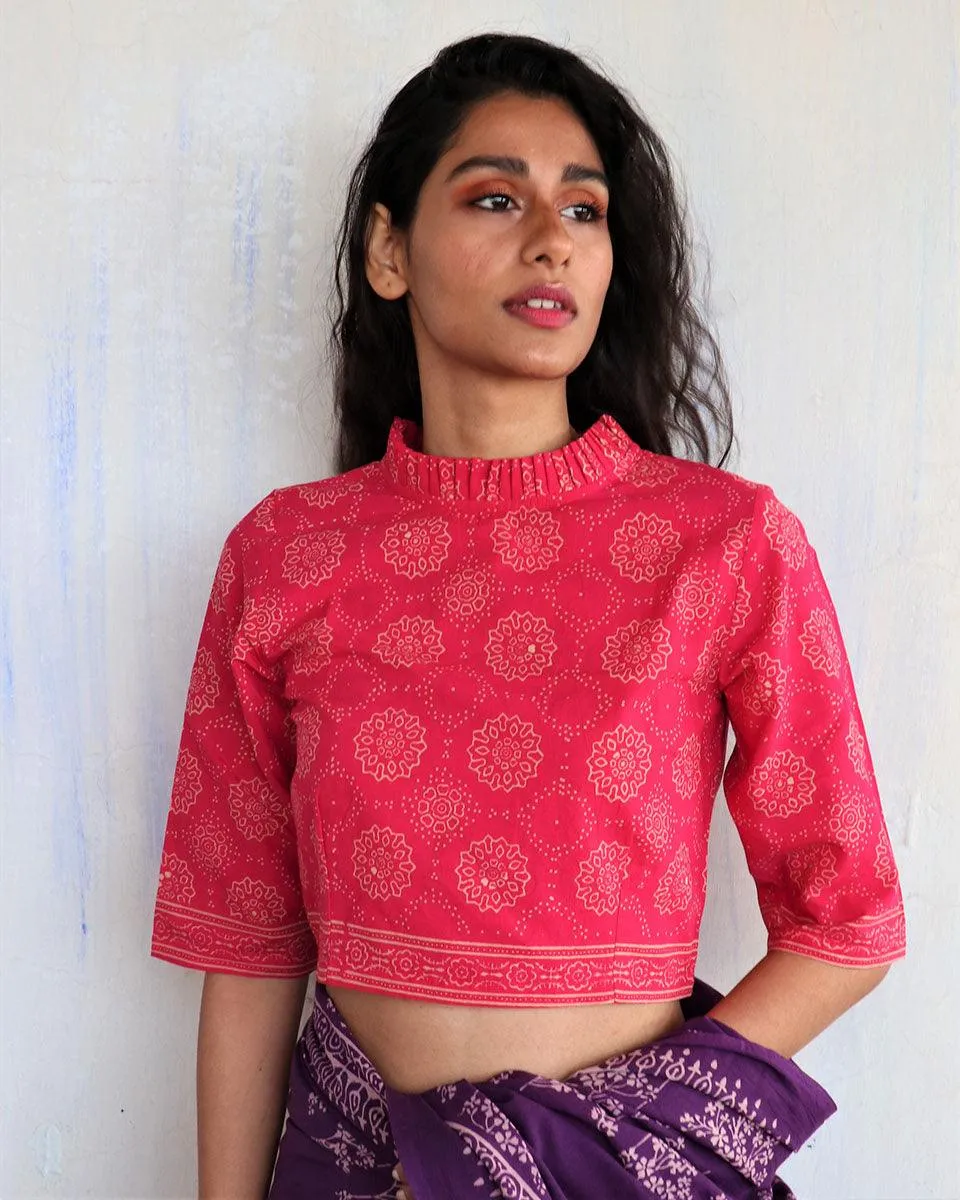 Pink Blockprinted Crop Top Cotton Blouse-Butterflygirls