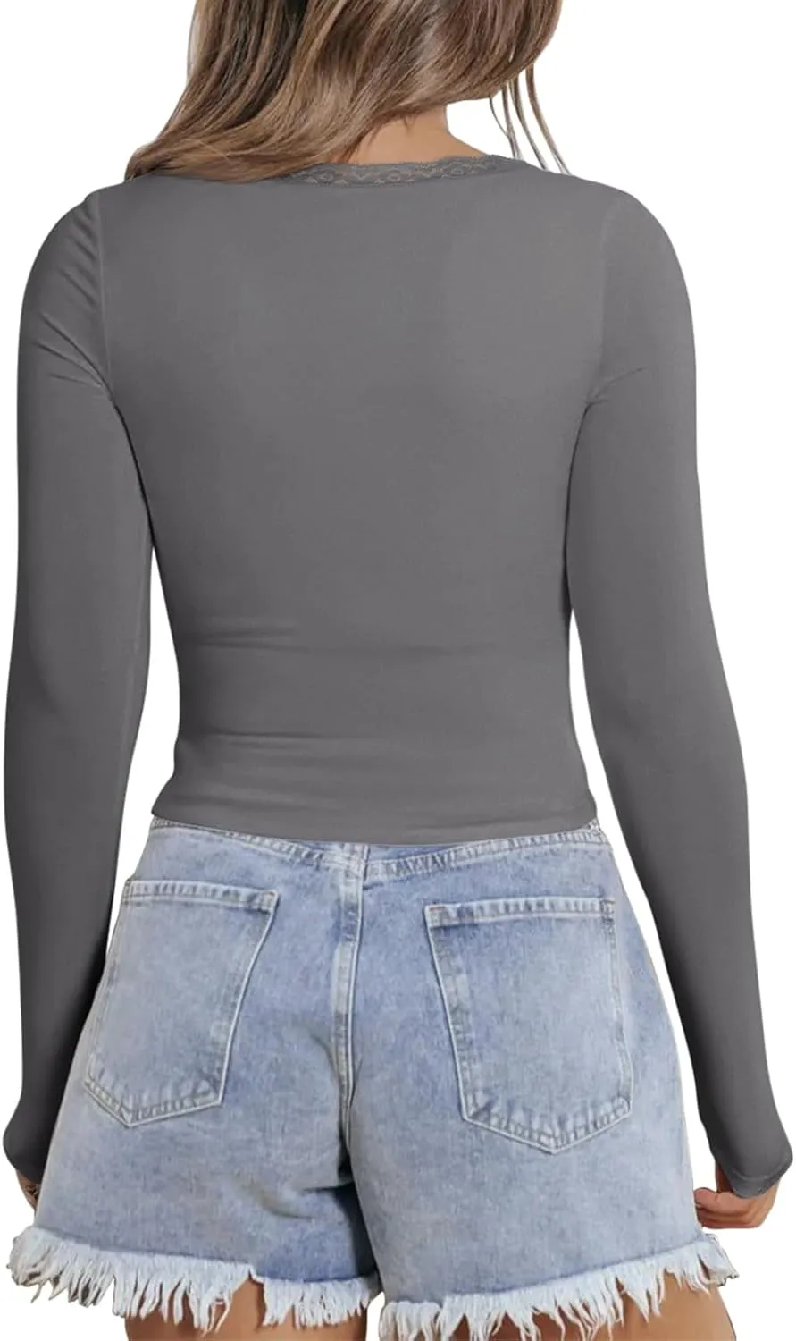 PINKMSTYLE Women Sexy V Neck Lace Long Sleeve Shirts Basic Fitted Double Lined Going Out Y2K Trendy Fall Tops