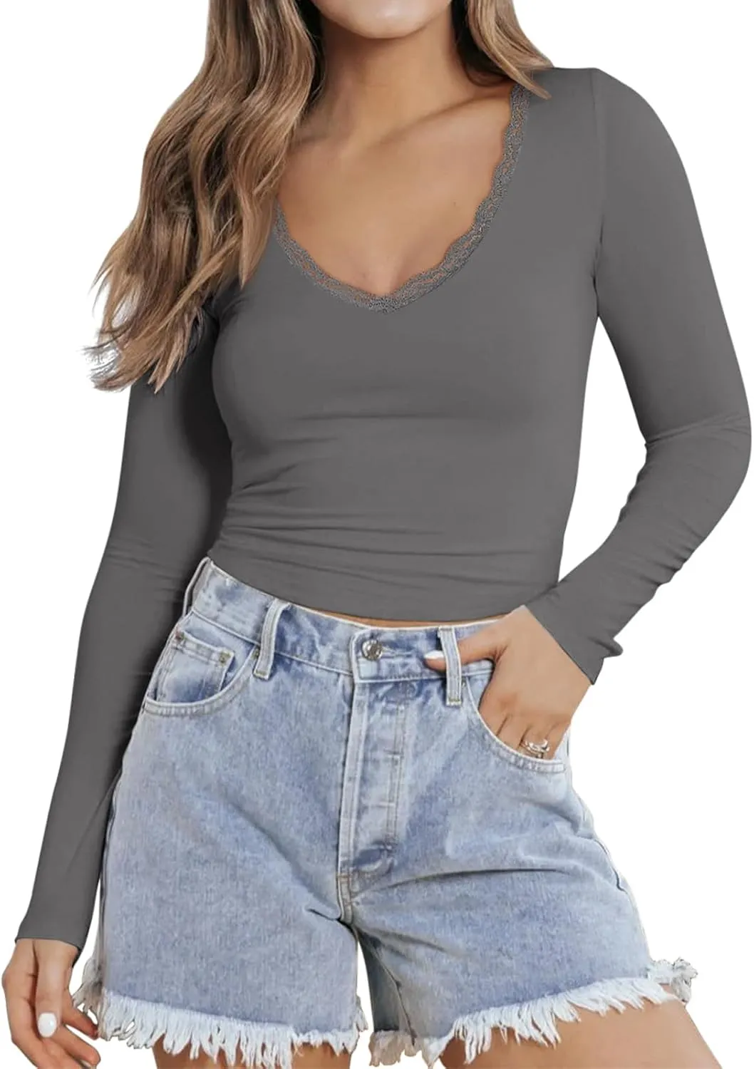 PINKMSTYLE Women Sexy V Neck Lace Long Sleeve Shirts Basic Fitted Double Lined Going Out Y2K Trendy Fall Tops