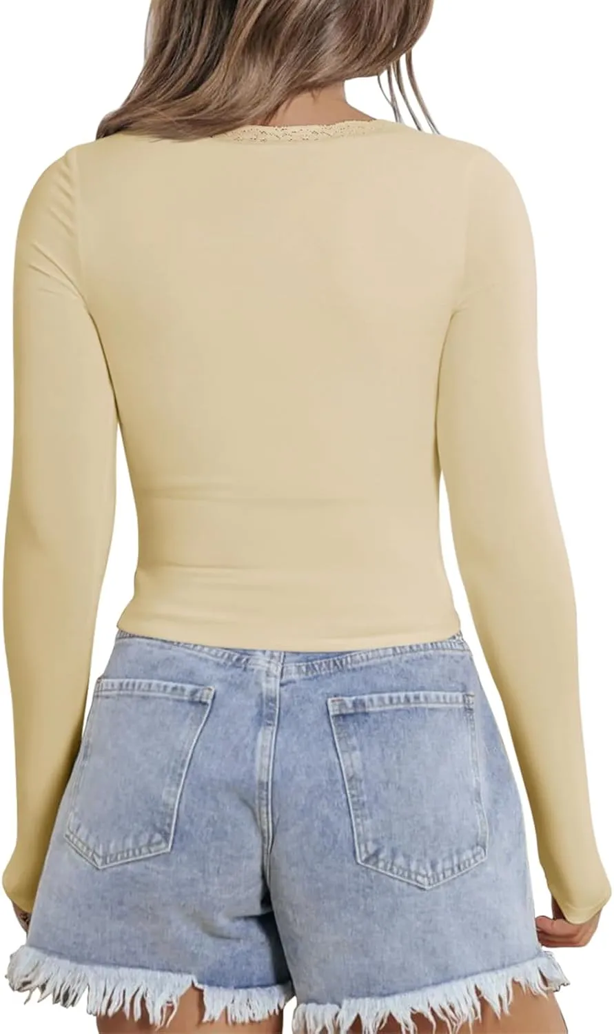 PINKMSTYLE Women Sexy V Neck Lace Long Sleeve Shirts Basic Fitted Double Lined Going Out Y2K Trendy Fall Tops