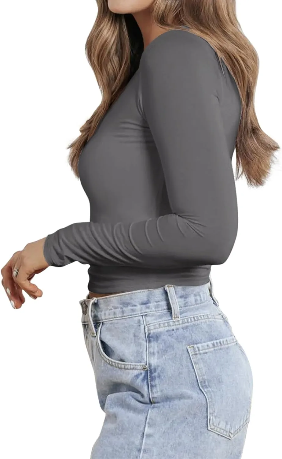 PINKMSTYLE Women Sexy V Neck Lace Long Sleeve Shirts Basic Fitted Double Lined Going Out Y2K Trendy Fall Tops