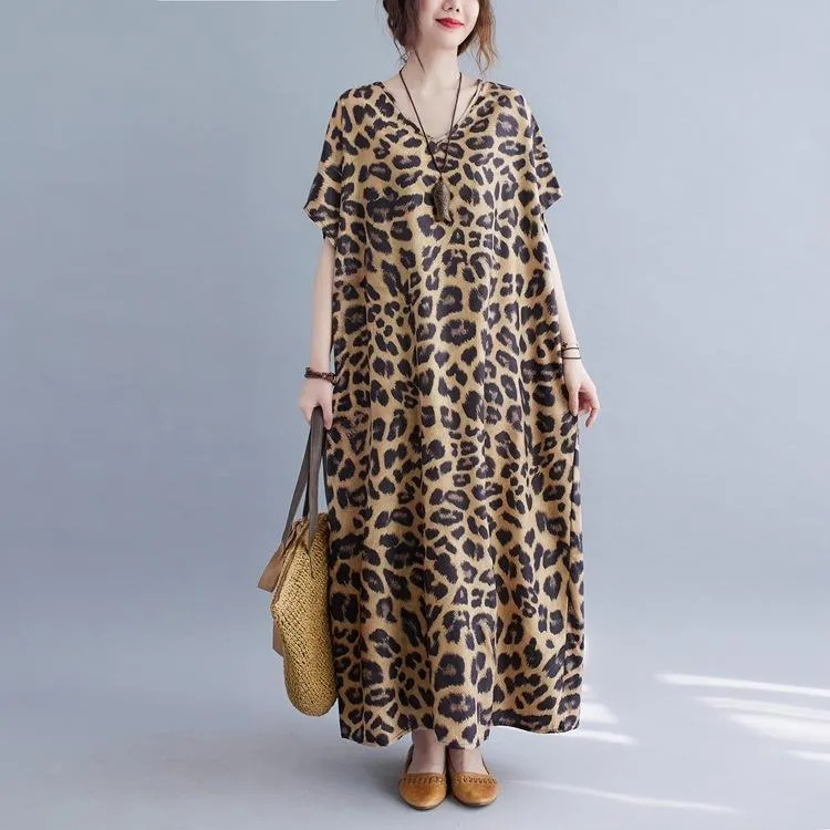 Plus Sizes Women Leopard Short Sleeve Cozy Dresses