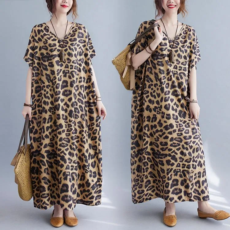 Plus Sizes Women Leopard Short Sleeve Cozy Dresses