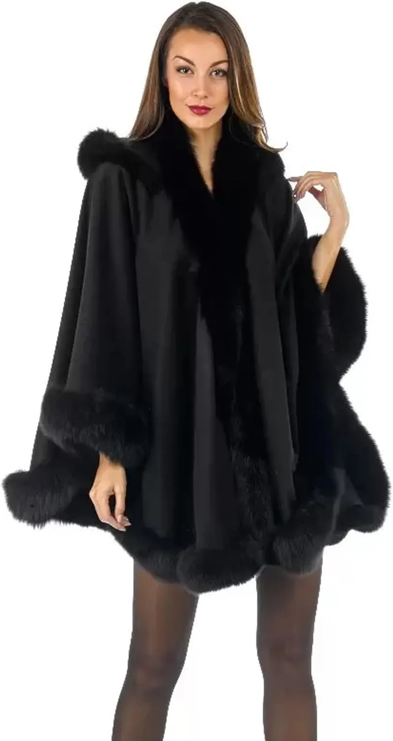 Poncho- Coat-Cape-Faux Fur-Fur-Ruana-blanket-Caplet-Wrap-Shrug-Sweater-dress shawl (Wool blend cape with faux fur trim)