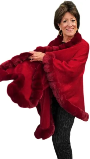 Poncho-Fur-Coat-Cape-Faux Fur-Ruana-Blanket-Caplet-Wrap-Shrug-Sweater-Dress Shawl (Wine Wool Blend Cape with Faux Fur Trim)