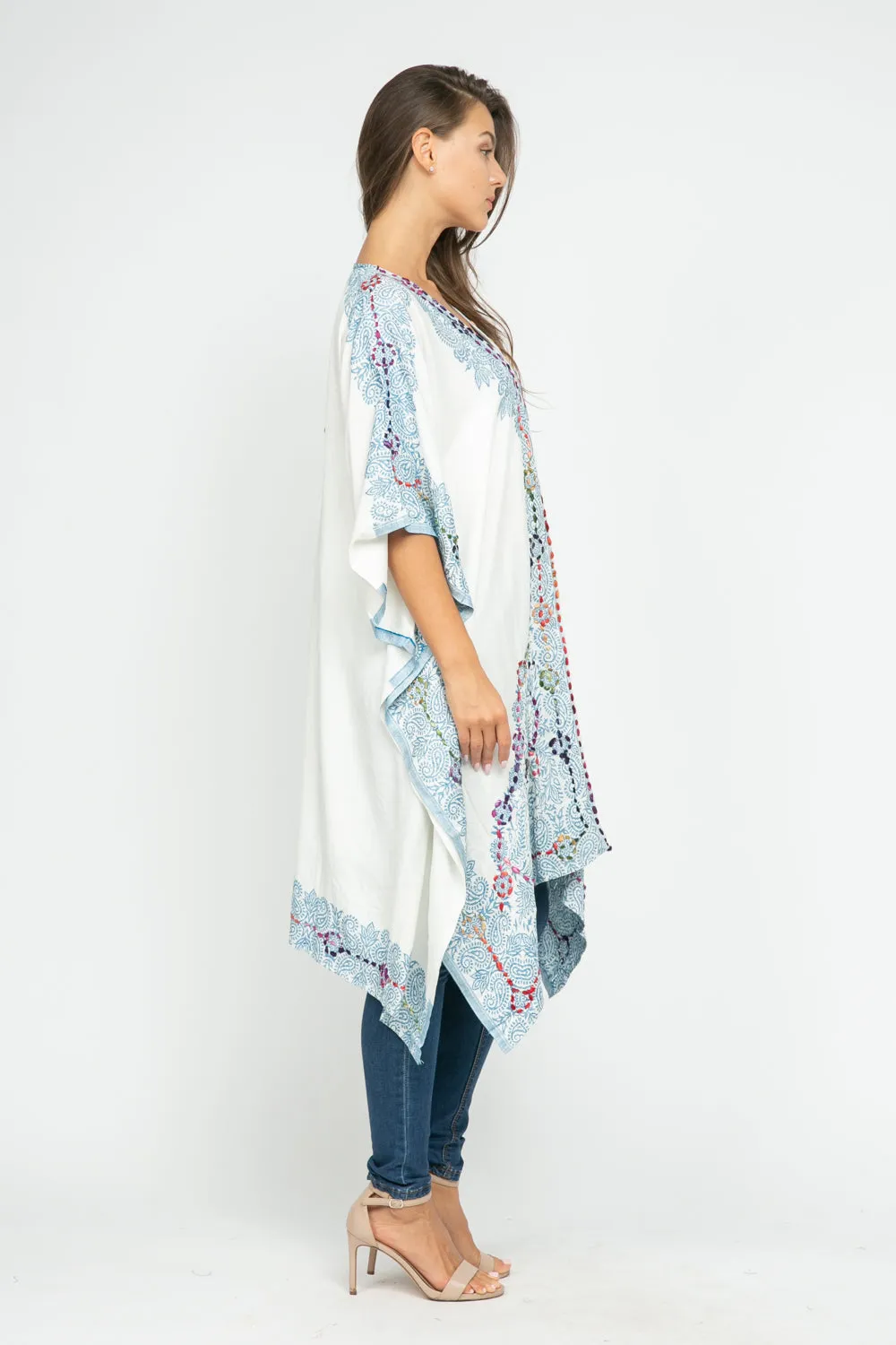 RAJ ALLISON WHITE BLUE EMBROIDERED KIMONO