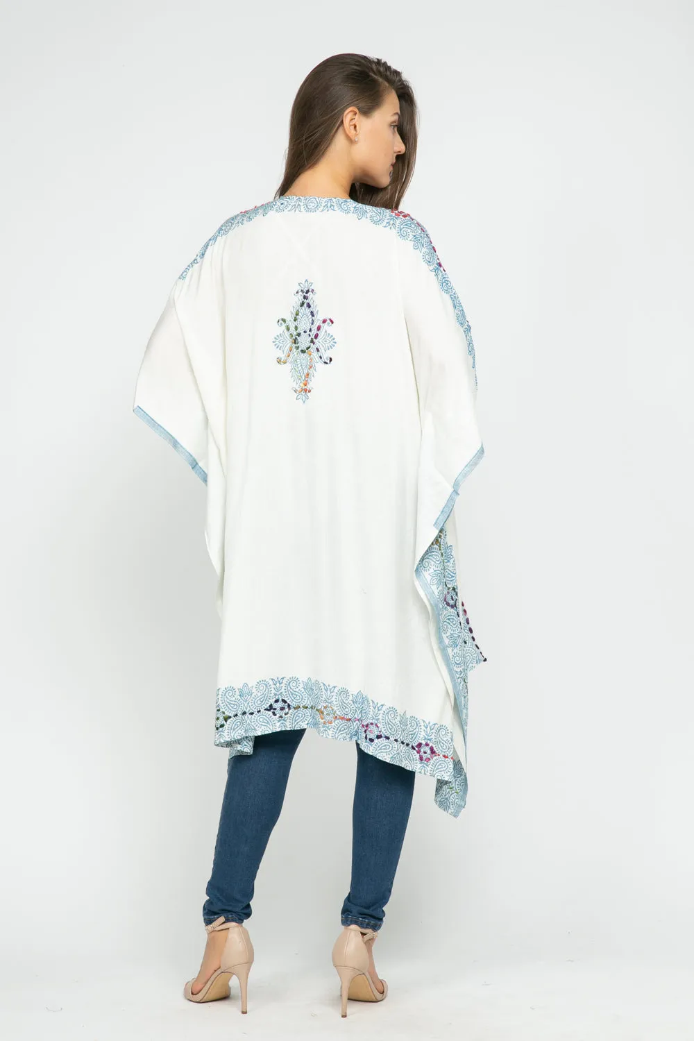 RAJ ALLISON WHITE BLUE EMBROIDERED KIMONO