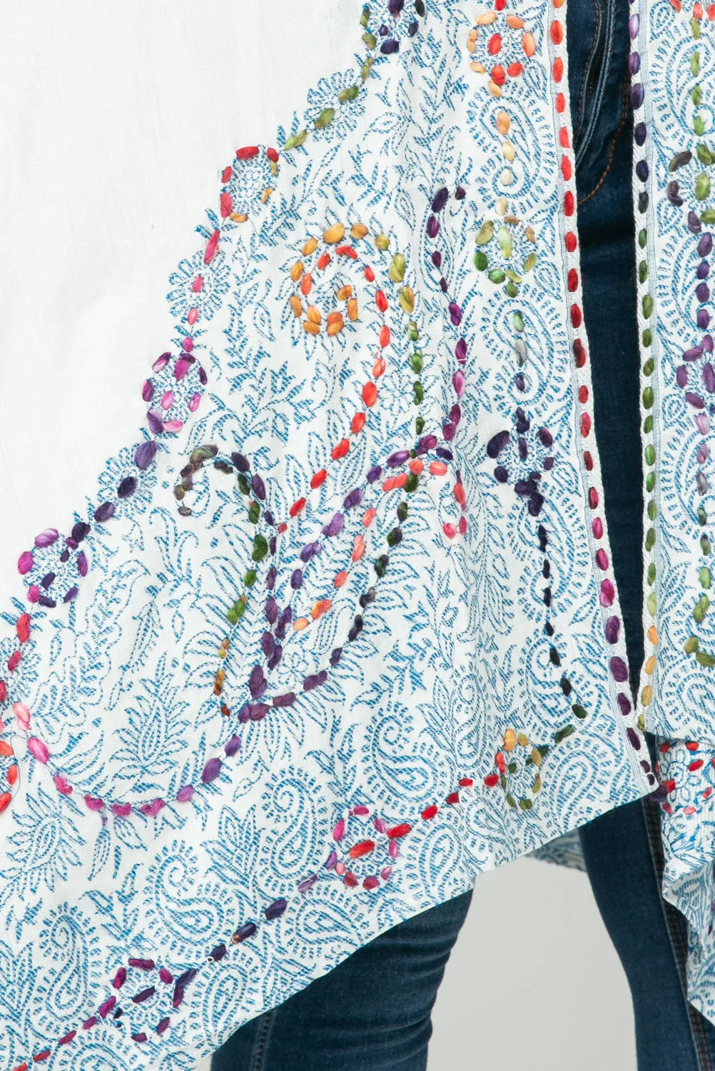 RAJ ALLISON WHITE BLUE EMBROIDERED KIMONO