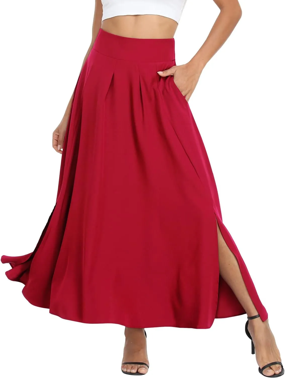 RANPHEE Women's Ankle Length High Waist A-line Flowy Long Maxi Skirt with Pockets