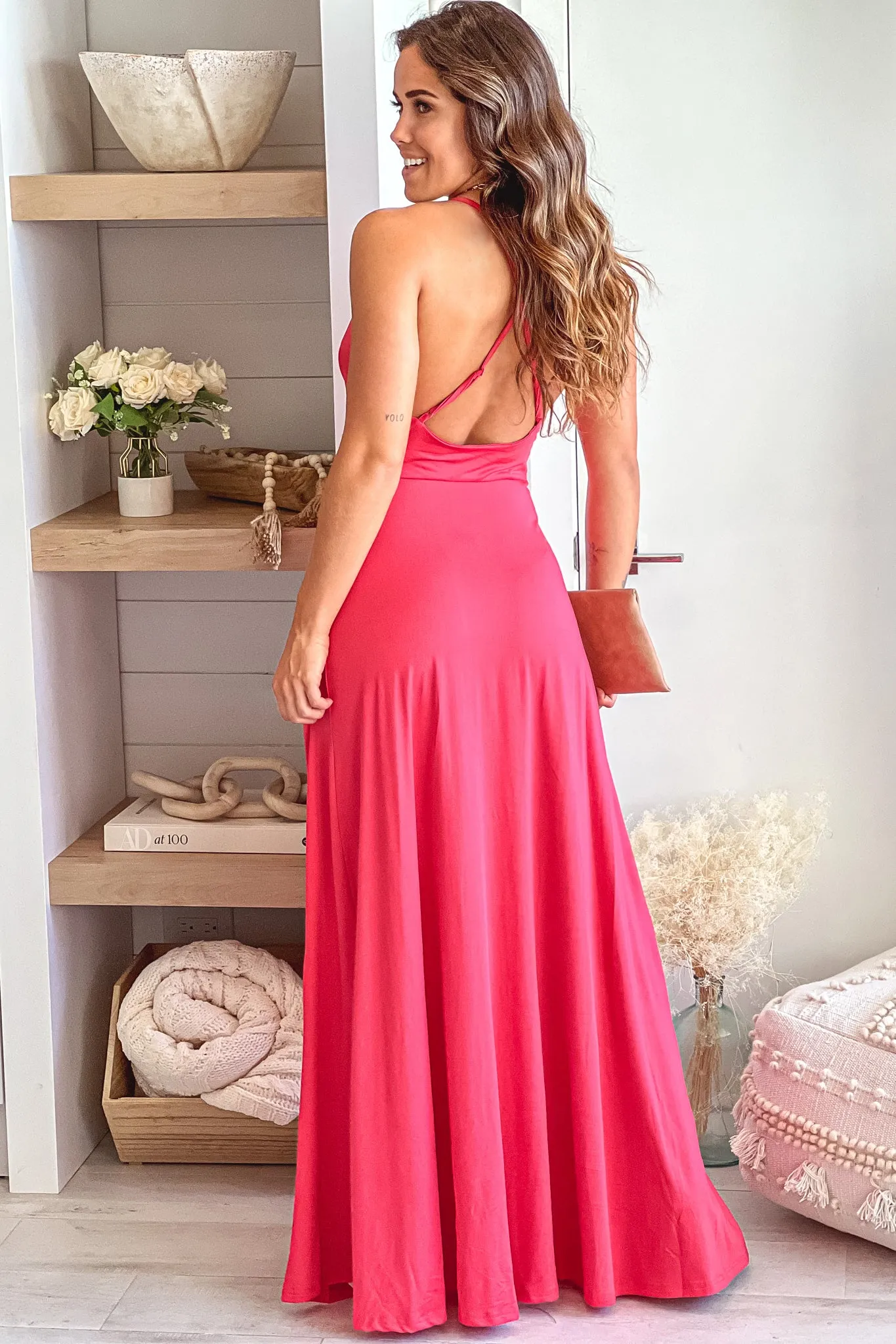 Rose Maxi Dress With Criss Cross Back And Slit