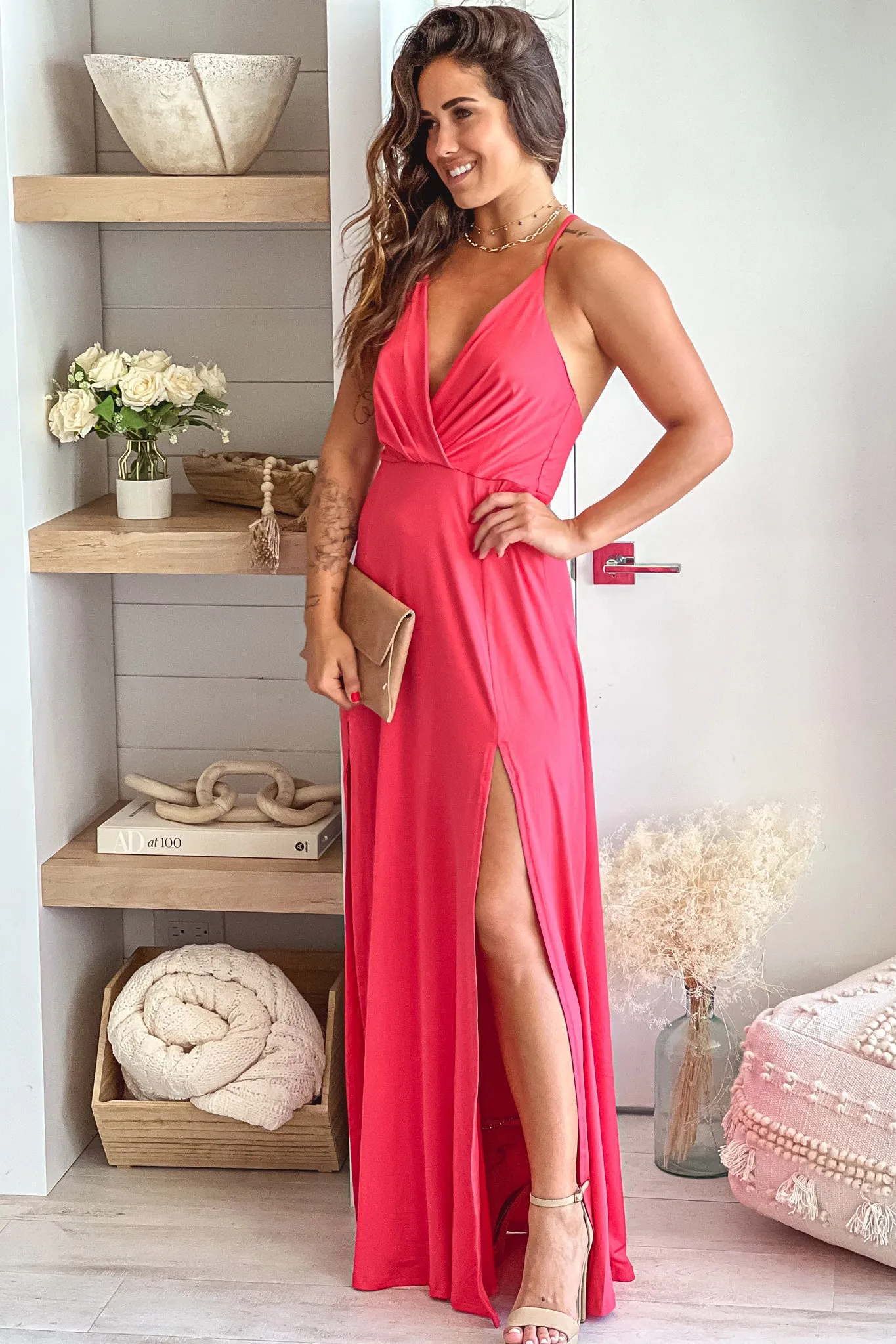 Rose Maxi Dress With Criss Cross Back And Slit