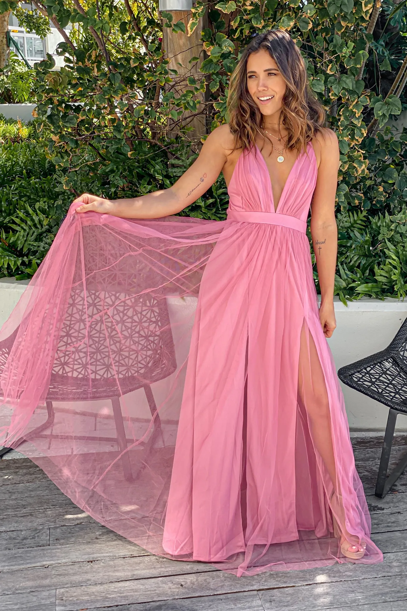 Rose V-Neck Tulle Maxi Dress with Criss Cross Back
