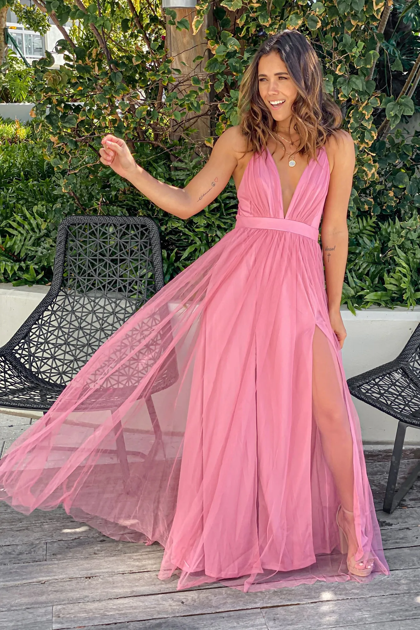 Rose V-Neck Tulle Maxi Dress with Criss Cross Back