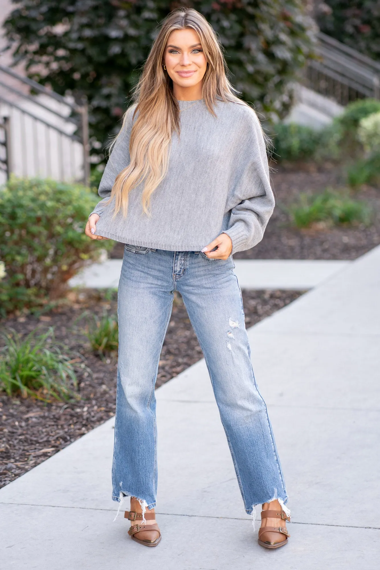 Round Neck Dolman Sleeve Cropped Sweater