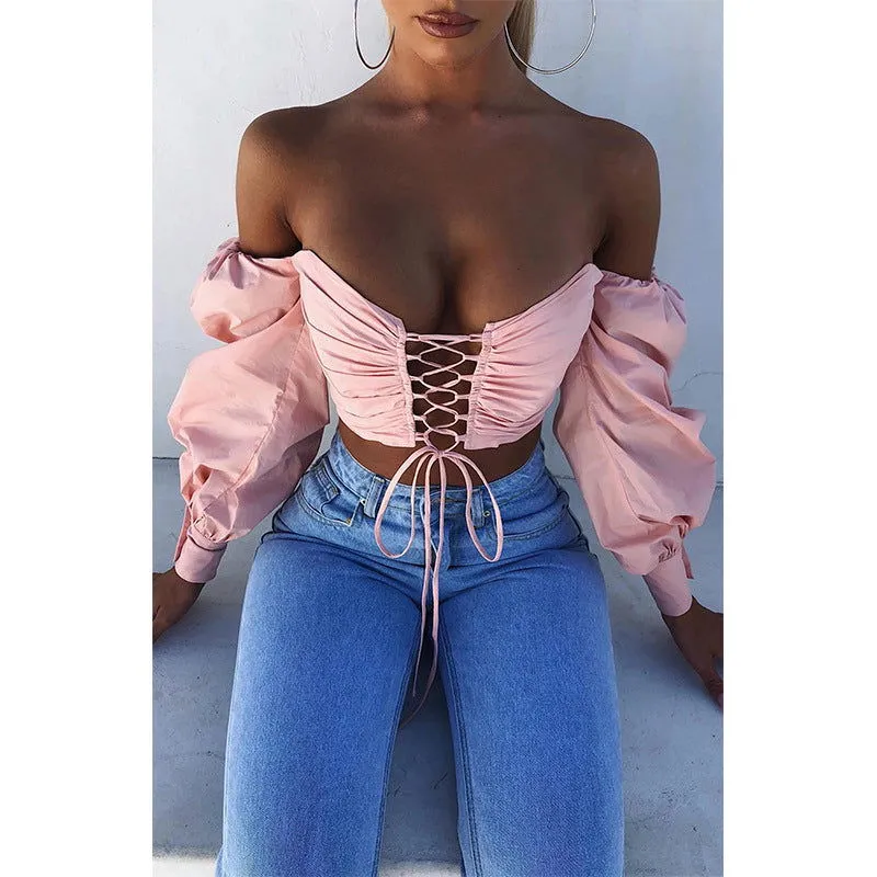 Ruffle Lace-up Front Off-Shoulder Puff Sleeve Shirts