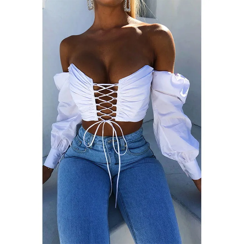 Ruffle Lace-up Front Off-Shoulder Puff Sleeve Shirts