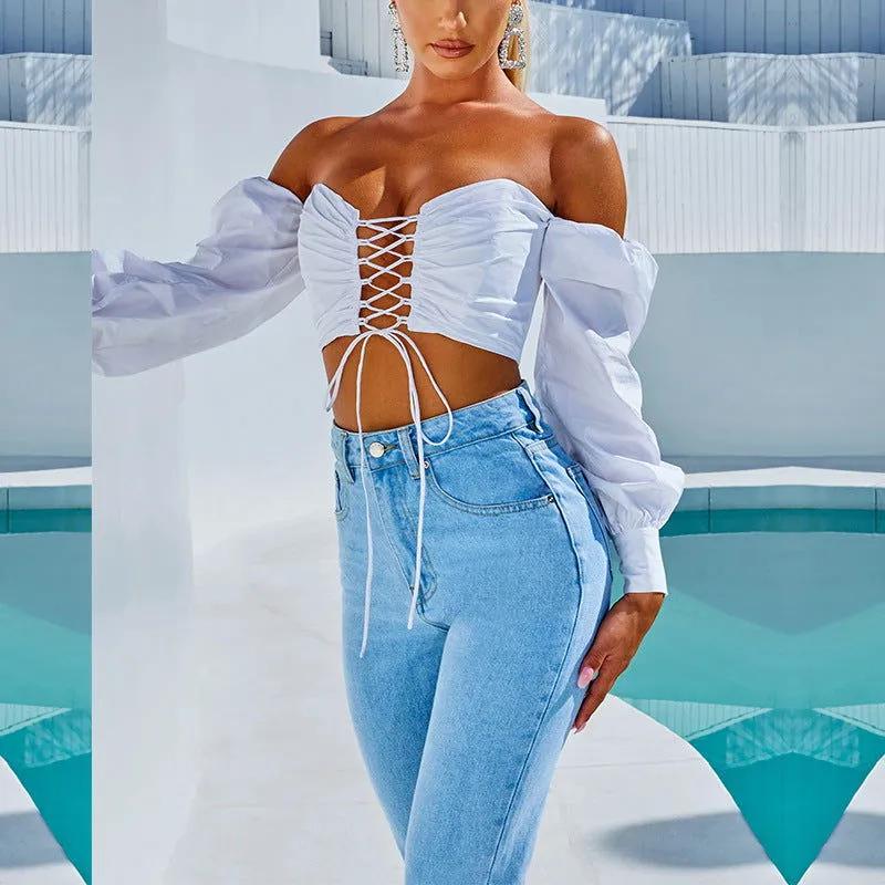 Ruffle Lace-up Front Off-Shoulder Puff Sleeve Shirts