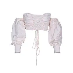 Ruffle Lace-up Front Off-Shoulder Puff Sleeve Shirts