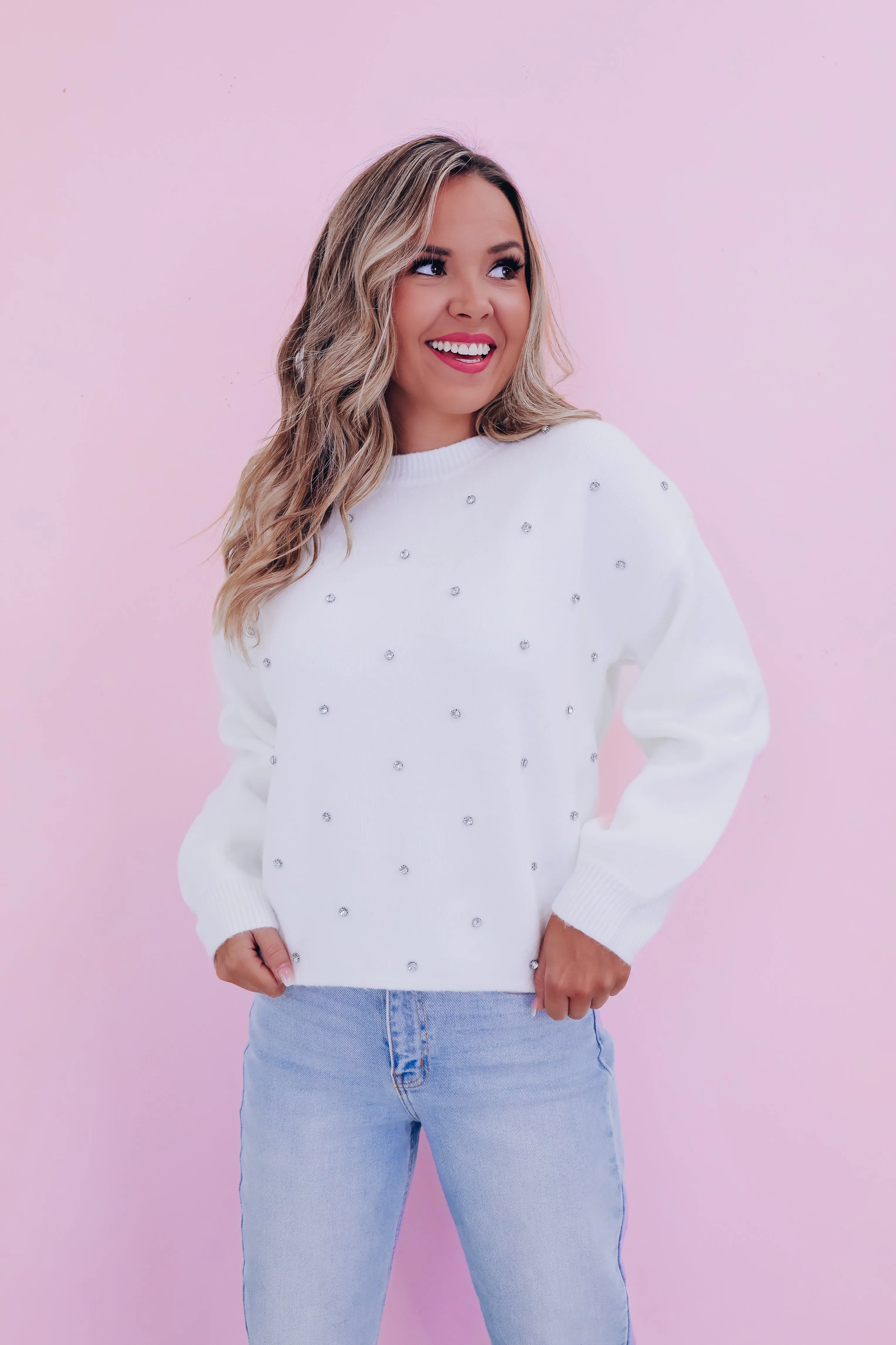 Ry Rhinestone Cropped Sweater - Ivory