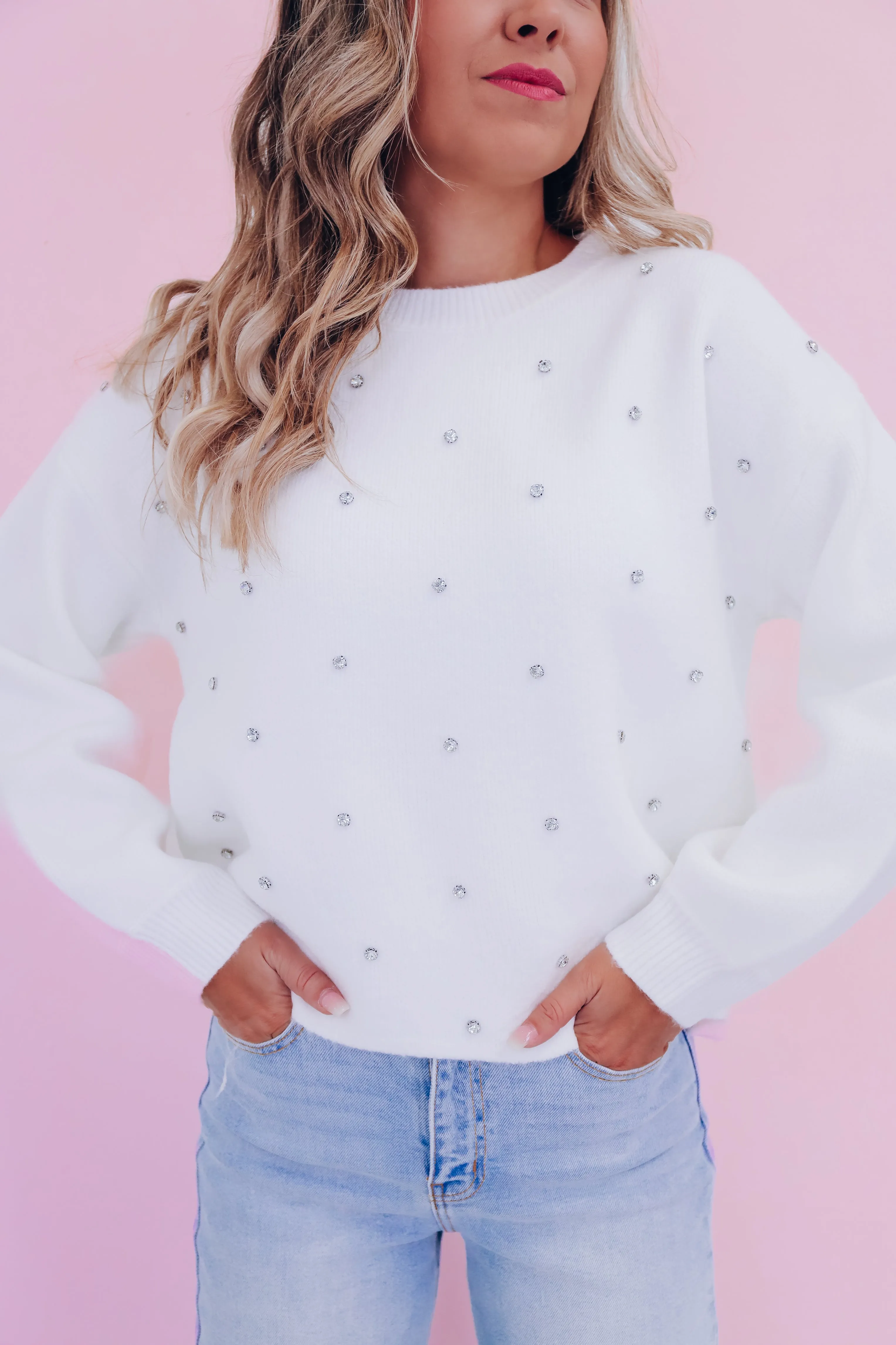 Ry Rhinestone Cropped Sweater - Ivory