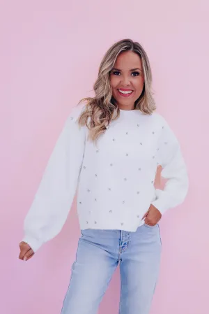 Ry Rhinestone Cropped Sweater - Ivory