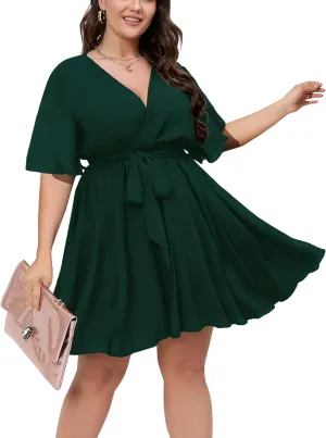 SCOMCHIC Women's Plus Size Summer Dresses Short Sleeve Wrap V Neck A Line Skater Mini Short Dress XL-4XL
