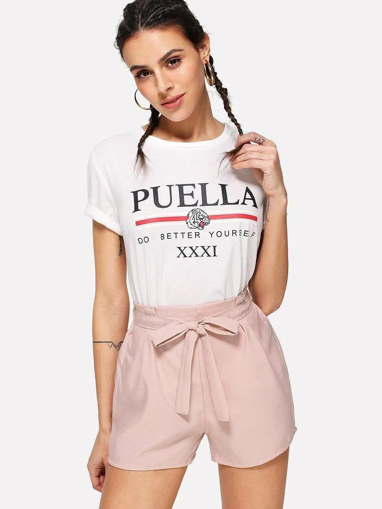Self Tie Waist Solid Shorts