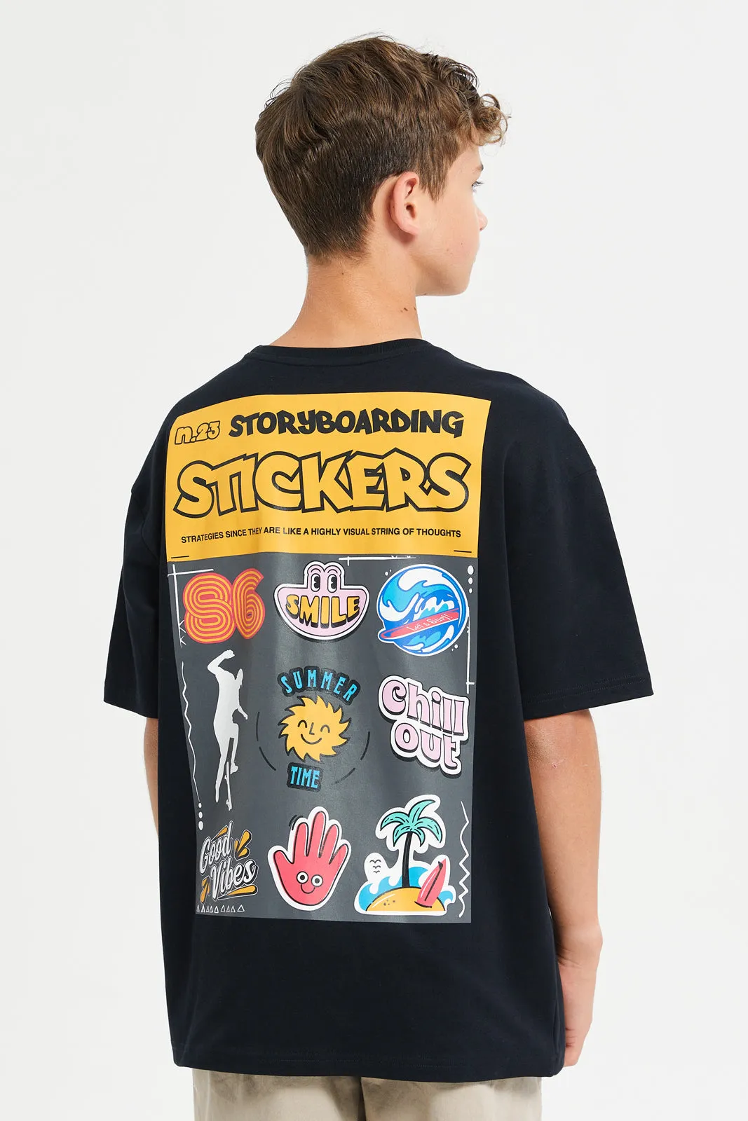 Senior Boys Black Stickers Front And Back Print Oversize T-Shirt