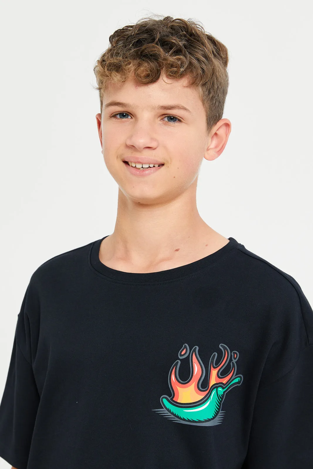 Senior Boys Black Stickers Front And Back Print Oversize T-Shirt