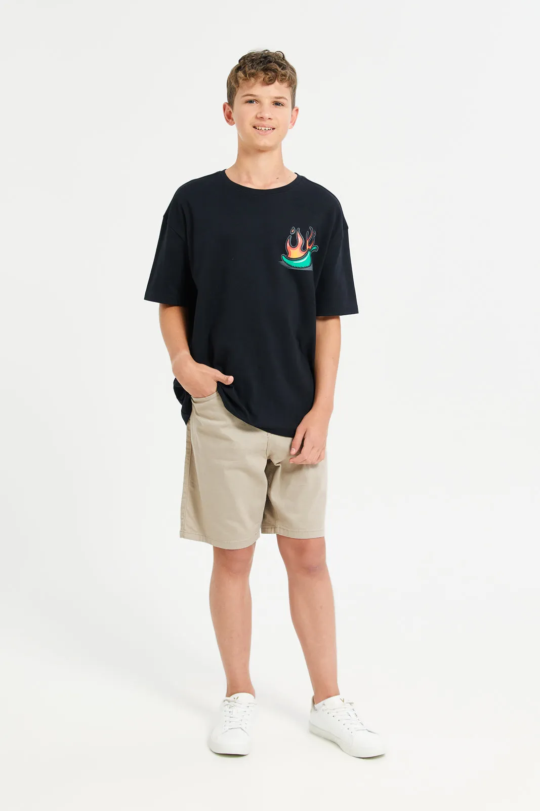 Senior Boys Black Stickers Front And Back Print Oversize T-Shirt