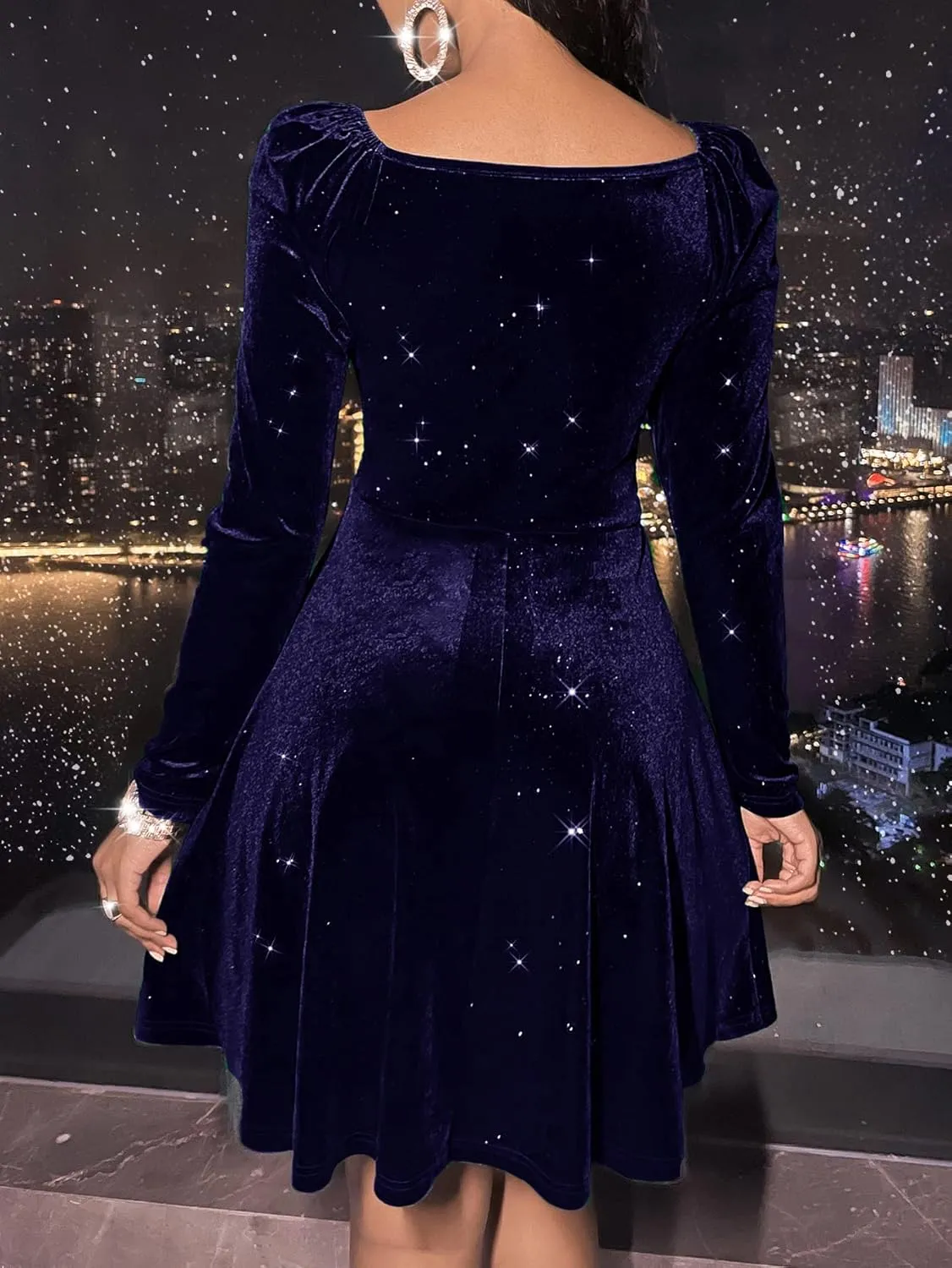Sexyasasii Womens Wrap V Neck Long Sleeve Velvet Glitter A Line Cocktail Party Swing Fit and Flare Skater Mini Dress