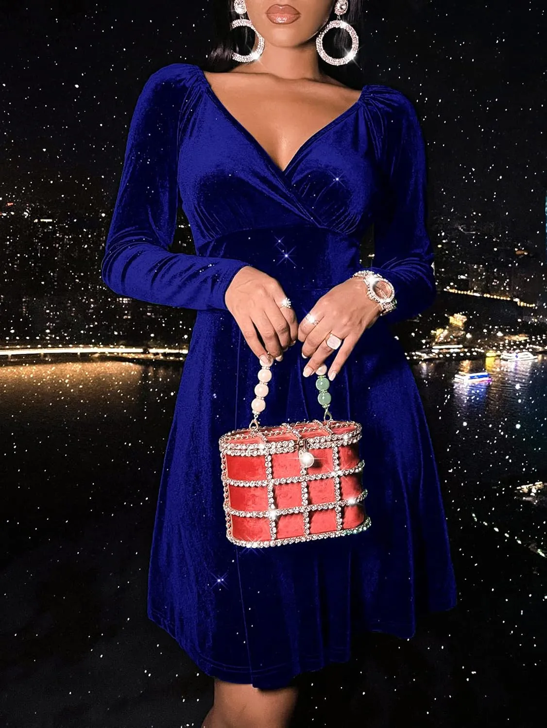 Sexyasasii Womens Wrap V Neck Long Sleeve Velvet Glitter A Line Cocktail Party Swing Fit and Flare Skater Mini Dress