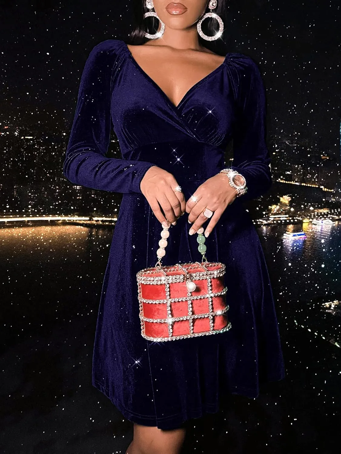 Sexyasasii Womens Wrap V Neck Long Sleeve Velvet Glitter A Line Cocktail Party Swing Fit and Flare Skater Mini Dress
