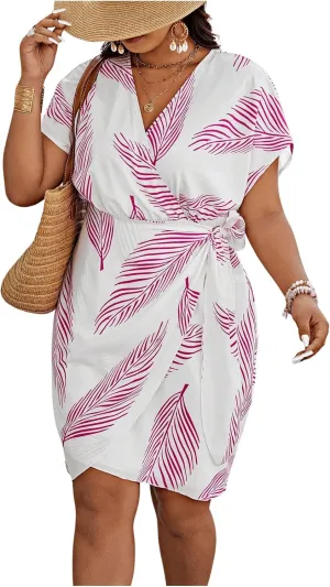 SOLY HUX Women's Plus Size Leaf Print Dress V Neck Wrap Tie Side Short Sleeve Boho Short Dresses